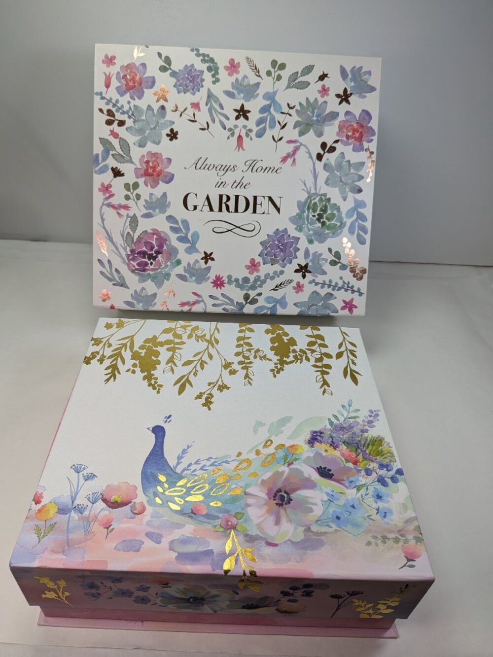Nesting Decorative Gift Boxes Peacock Floral Watercolor Gold Foil Set of 2